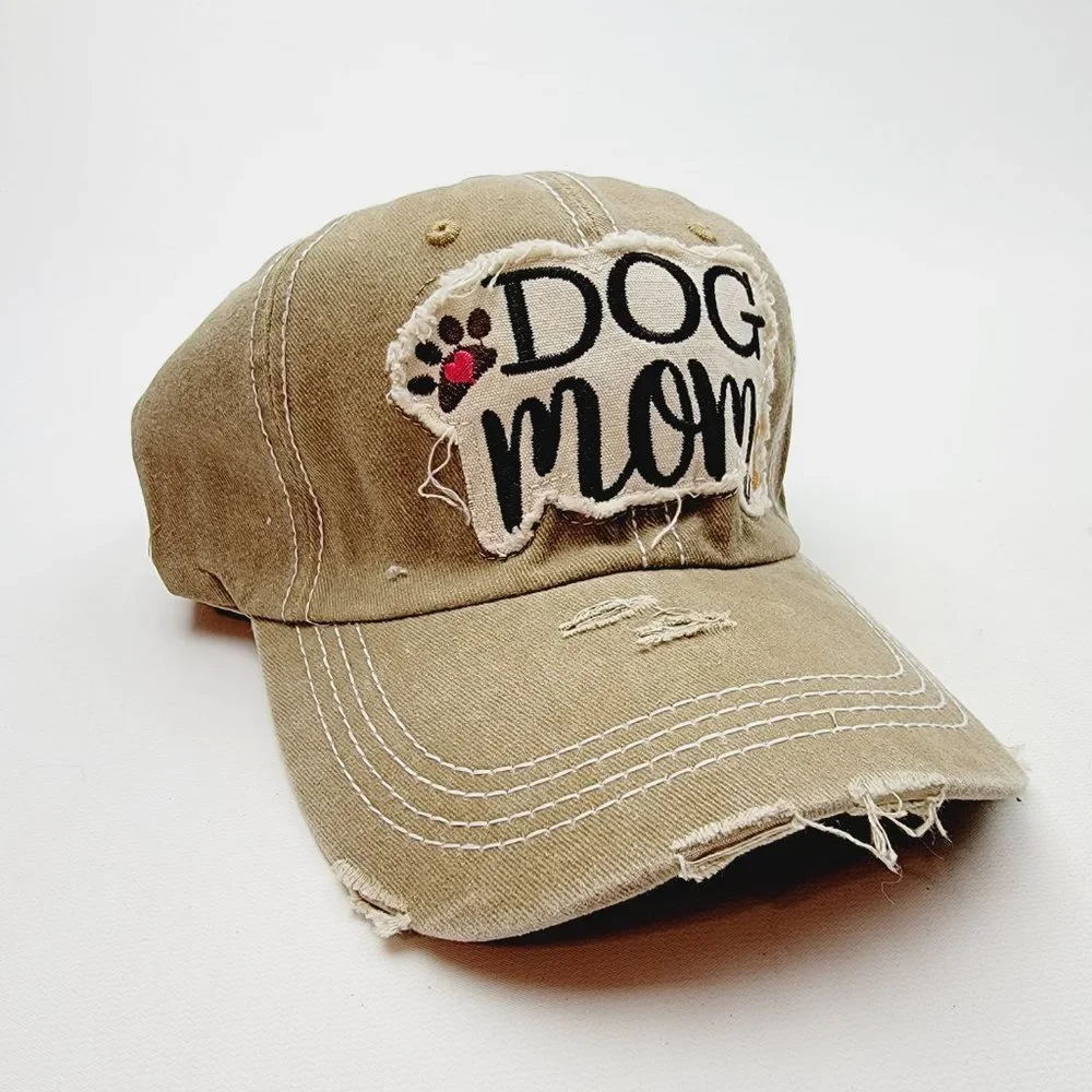 Dog Mom Distressed Relaxed Cotton Buckle Strap Full Cover Baseball Hat Cap Brown